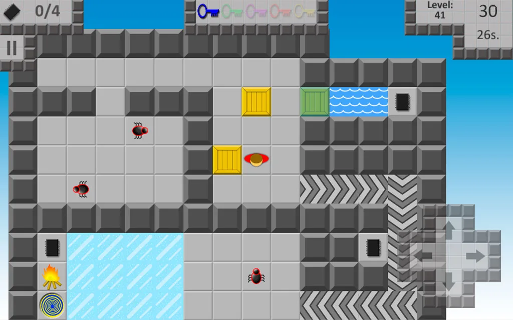 Chip Contest, a puzzle level with ice, water and conveyor tiles
