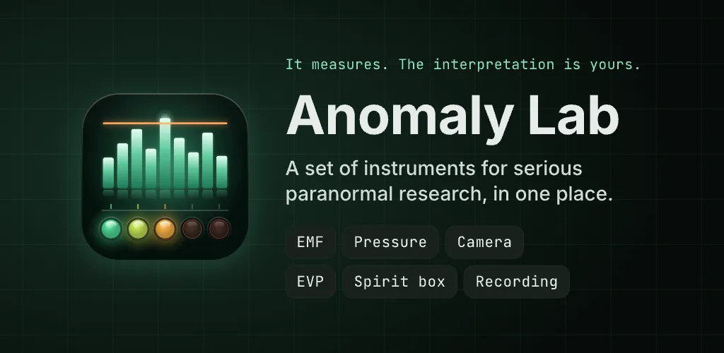 Anomaly Lab, the app icon with the tagline "It measures. The interpretation is yours." and a list of its tools: EMF, Pressure, Camera, EVP, Spirit box, Recording