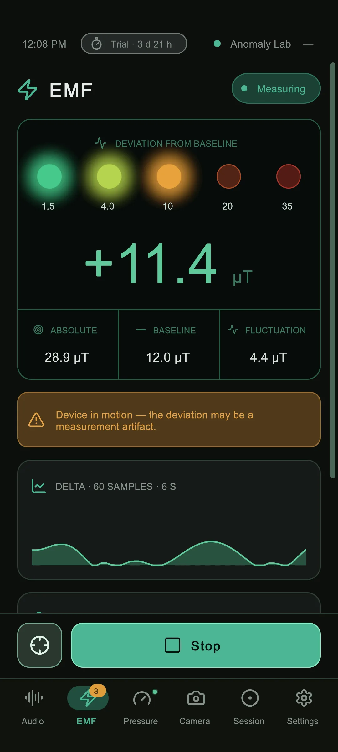 Anomaly Lab, the EMF screen showing the deviation from the baseline in µT, with a five-light scale and a short history graph