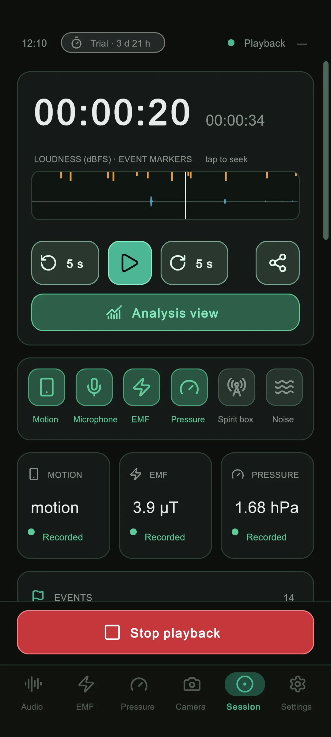 Anomaly Lab, playback of a recorded session with a loudness timeline, event markers and recorded motion, EMF and pressure values