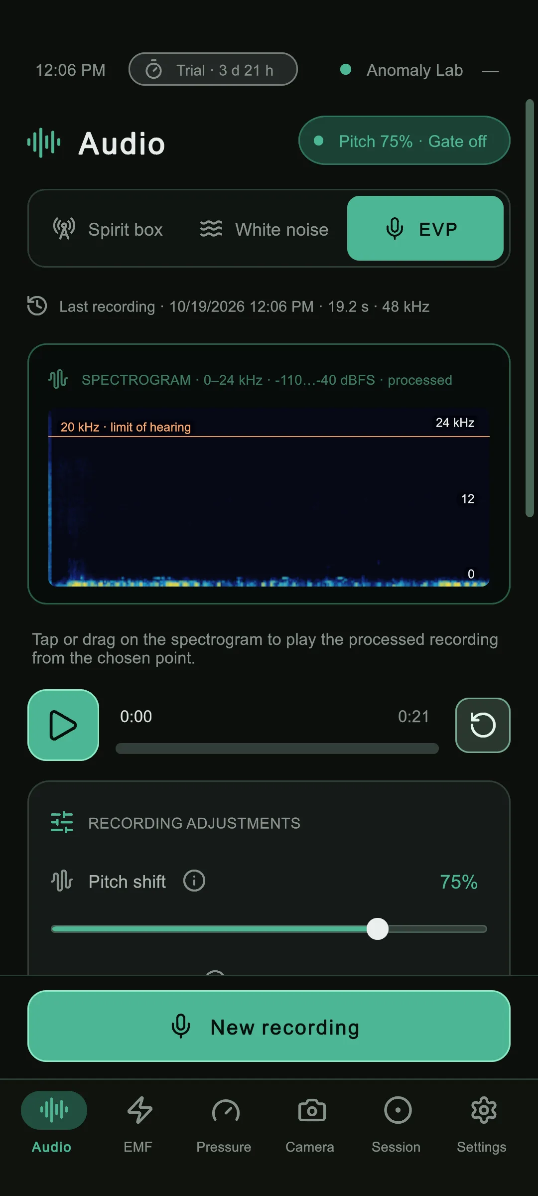 Anomaly Lab, the Audio screen with the EVP tab, a spectrogram of a recording, a player and a pitch shift slider