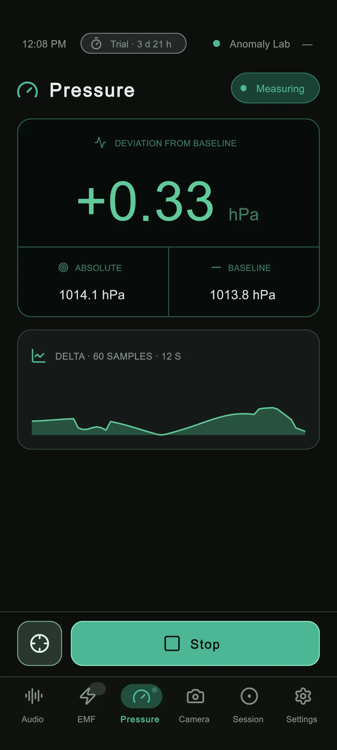 Anomaly Lab, the Pressure screen showing the deviation from the baseline in hPa with a short history graph