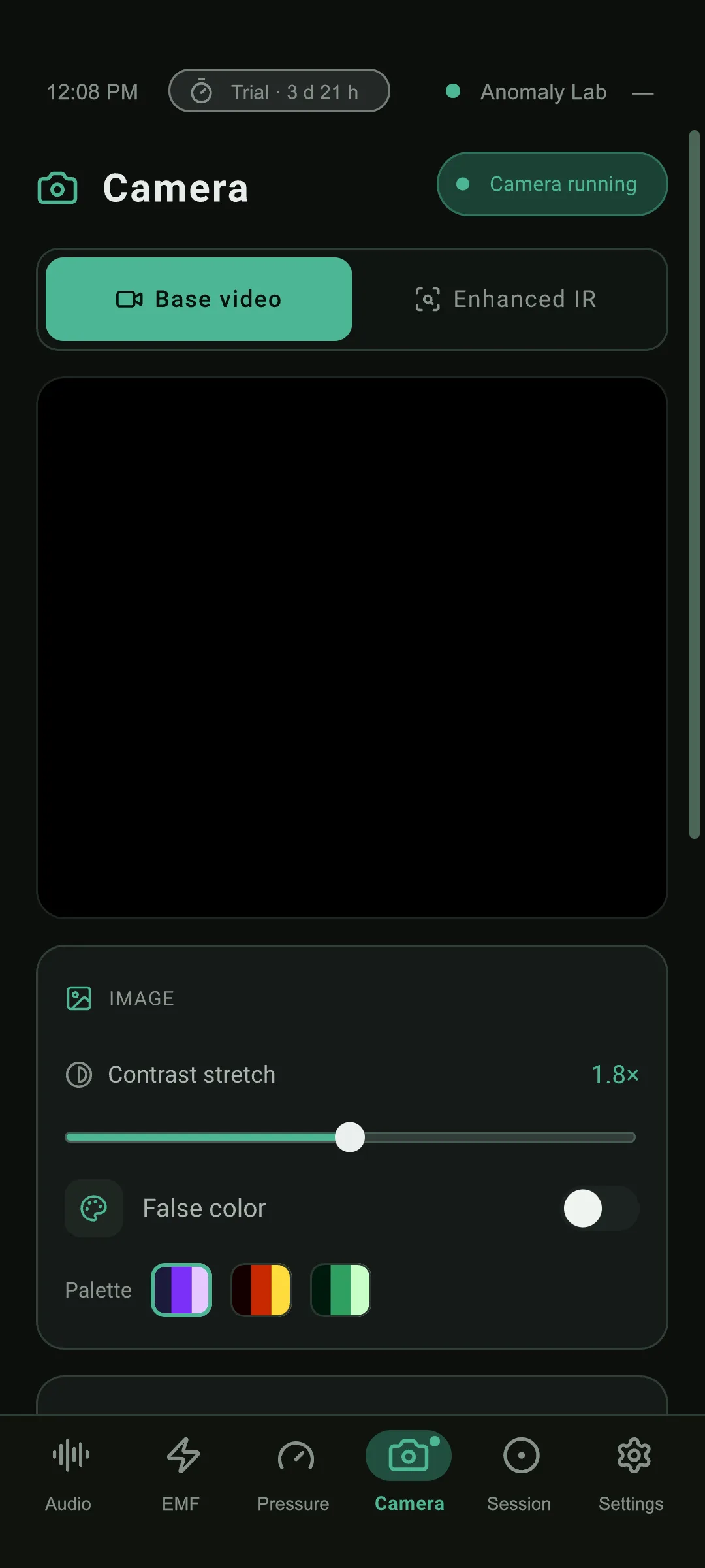 Anomaly Lab, the Camera screen with the Base video mode, a black live view, a contrast stretch slider, a false color switch and a palette choice