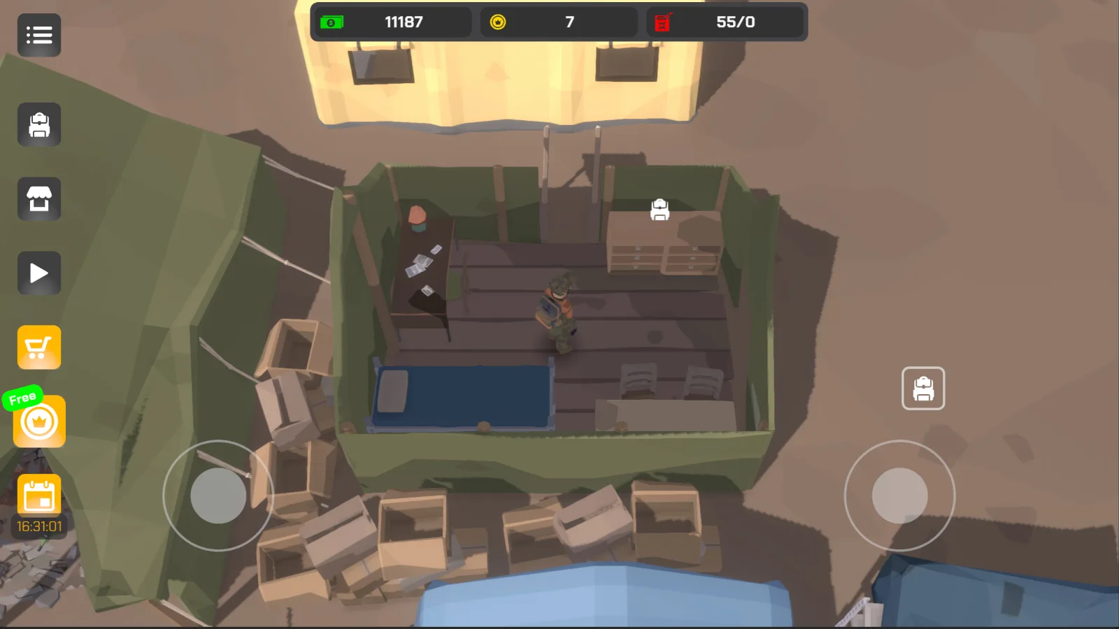 The Virus: Zombie Hunter, the base camp: a survivor in a tent room with a bed and supply crates