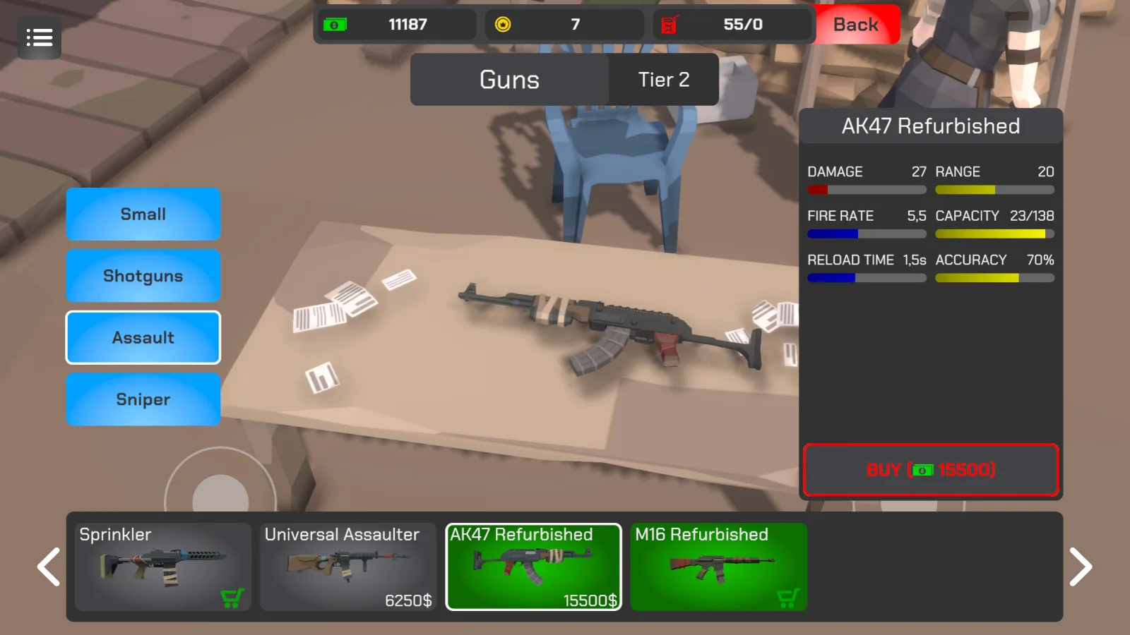 The Virus: Zombie Hunter, the weapon shop showing an assault rifle and its stats