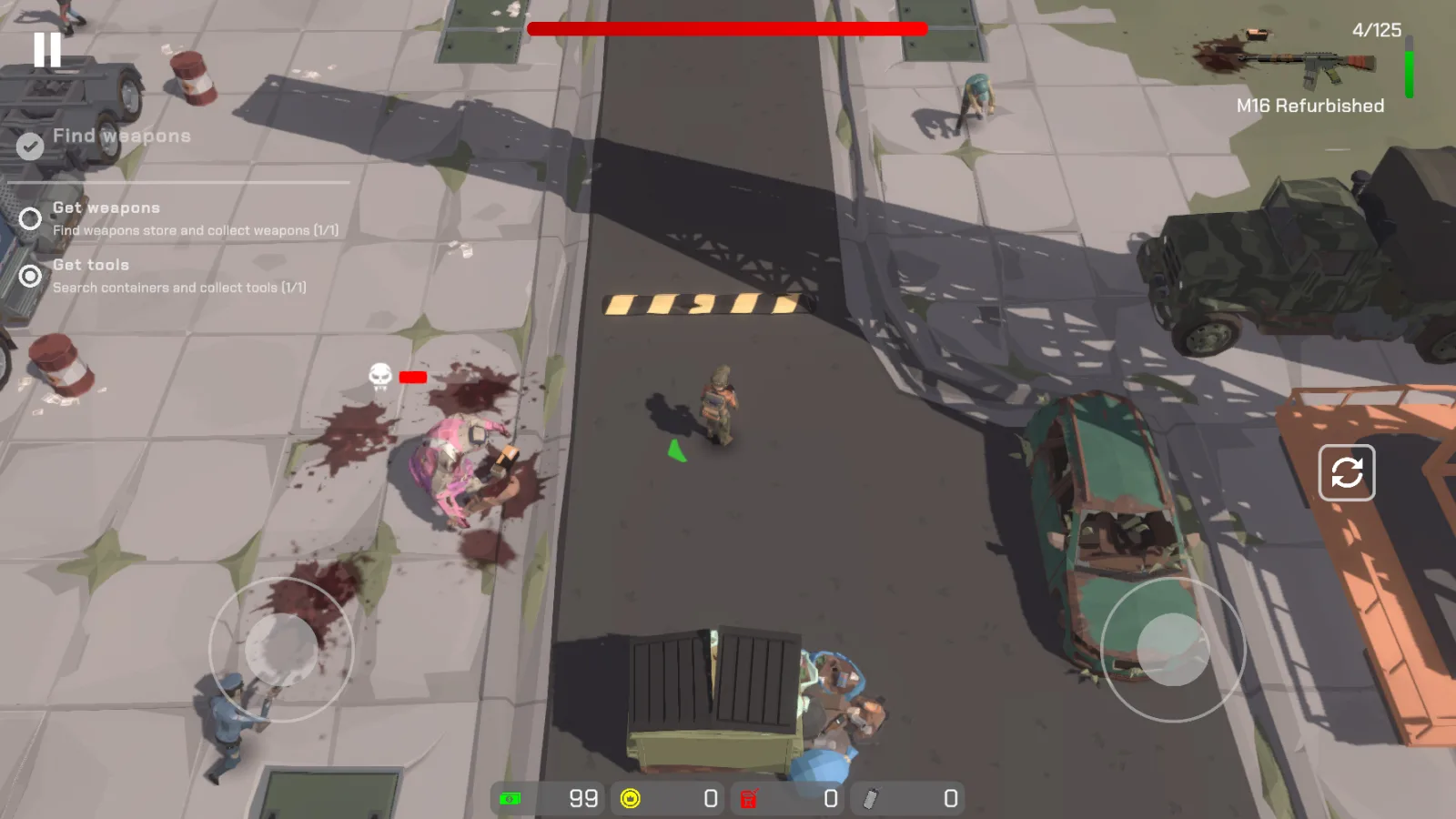 The Virus: Zombie Hunter, a survivor on a city street with an infected, a military truck and a wrecked car
